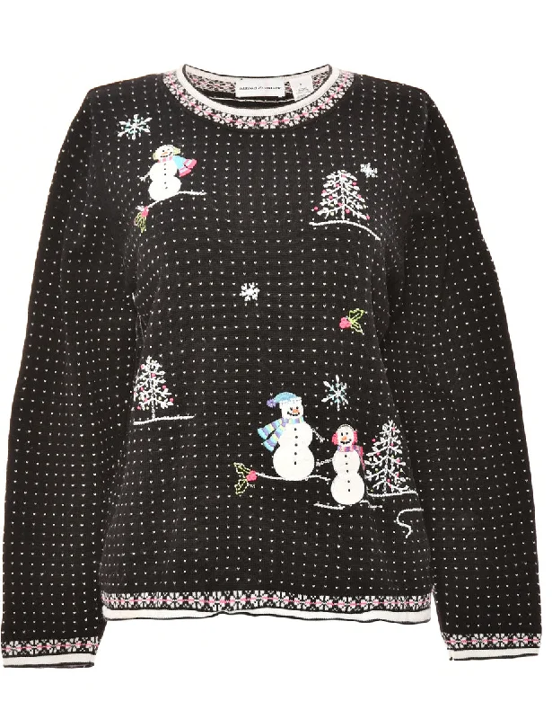 Snowman Black Classic Christmas Jumper - M Graphic Sweater Embroidered Appliqued