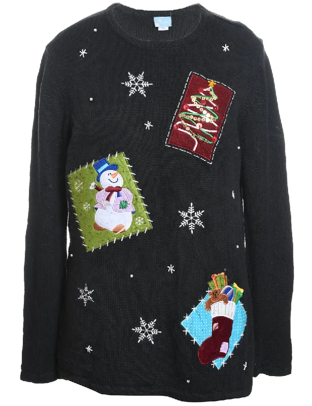 Snowman Black Embroiderd Christmas Jumper - M Chenille Blend Fleece Blend Nylon Blend