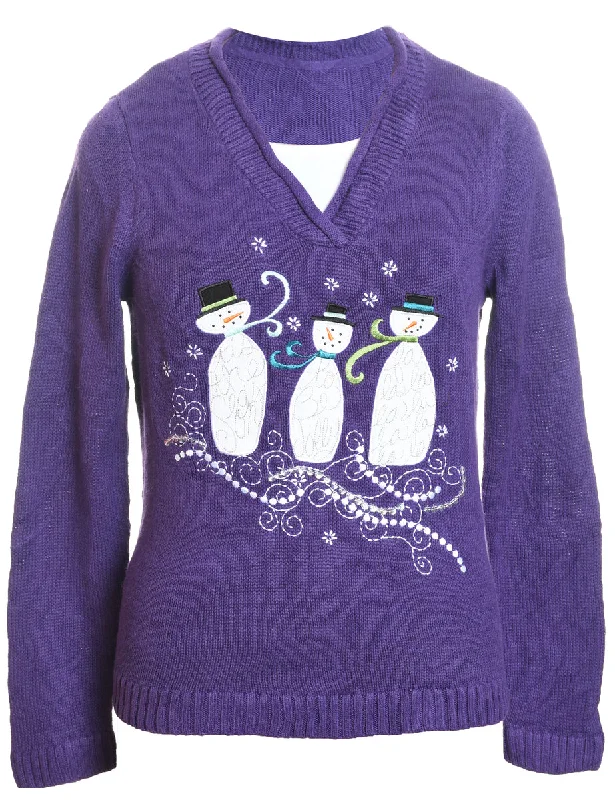 Snowman Christmas Jumper - M Print Jacquard Patchwork