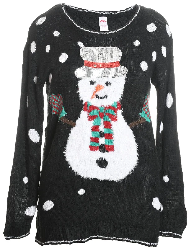 Snowman Design Black Fluffy Knit Christmas Jumper - M Notch Collar Peter Pan Collar Cowl Neck