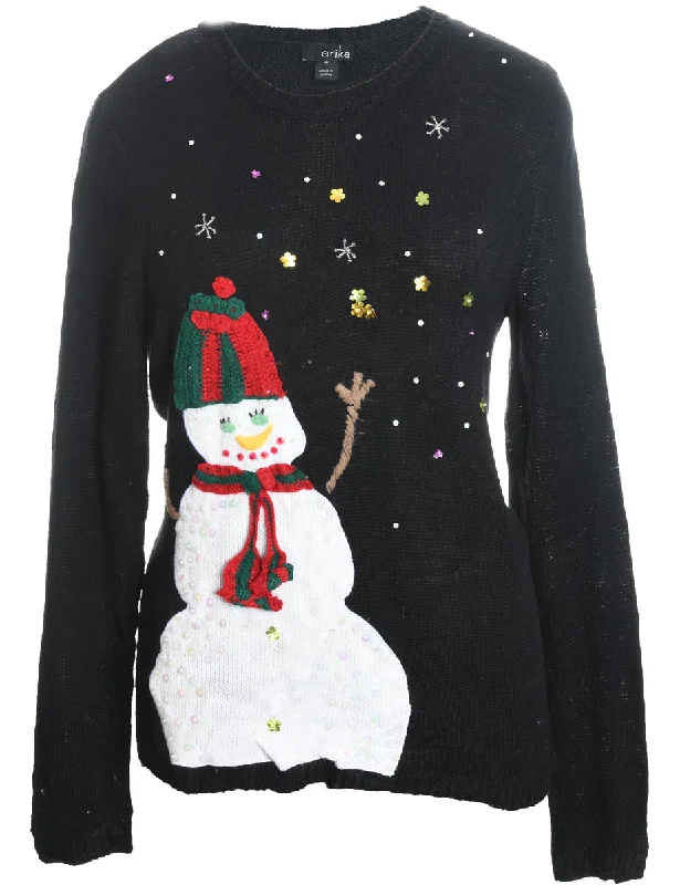 Snowman Design Black Knit Christmas Jumper - M Chenille Fabric Brocade Fabric Lace Fabric