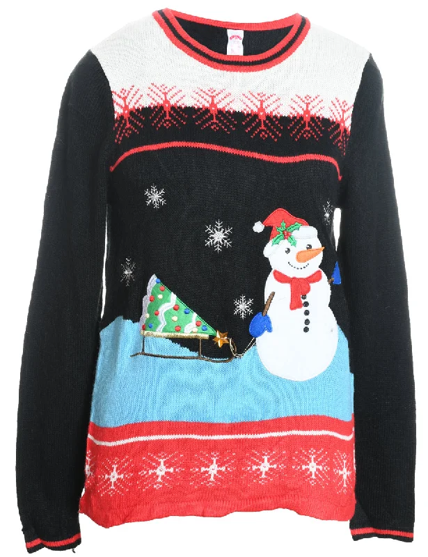 Snowman Design Black Knit Christmas Jumper - S Elasticated Padded Insulated