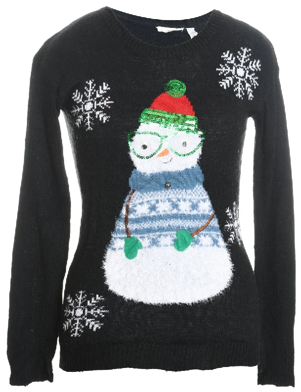 Snowman Design Black Sequined Knit Christmas Jumper - S Sweater Knitwear Pullover