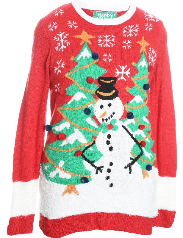 Snowman Design Red, Green & White Jumper - M Front Pockets Side Pockets Patch Pockets