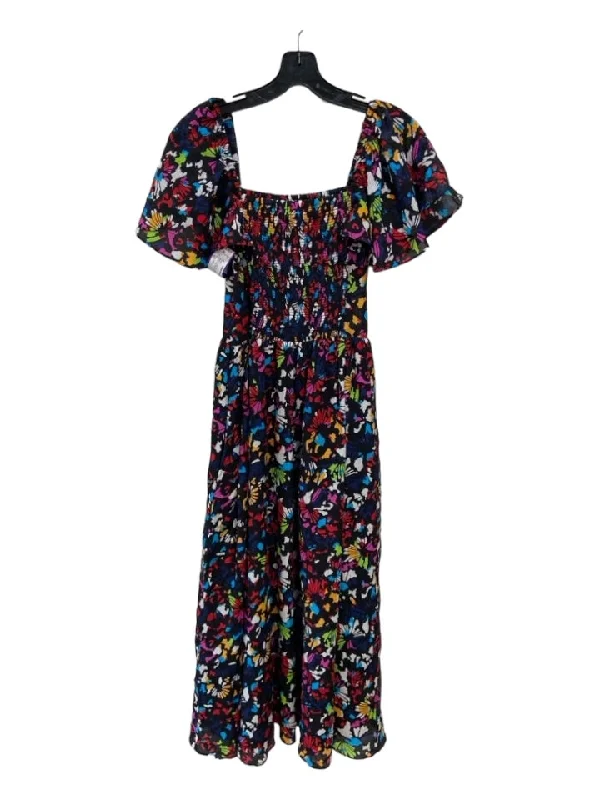Tanya Taylor Size XS Black & Multi Silk Smocked Bodice Ruffle Cap Sleeve Dress