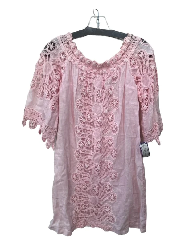 Temptation Positano Size M Pink 1/2 Sleeve Elastic Neck Embroidered Dress