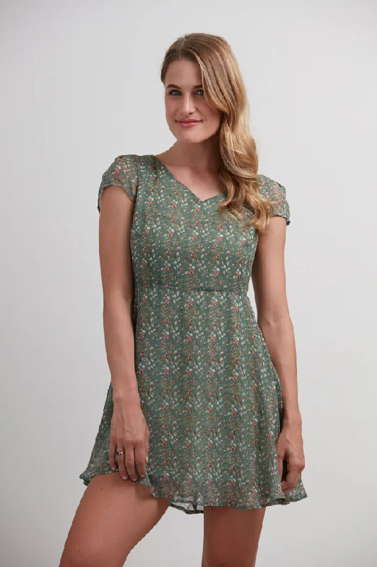 Tiny Flower All Over Print V-Neckline Dress