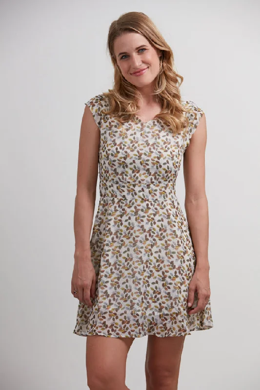 Tropical Leaf Print Beige Dress