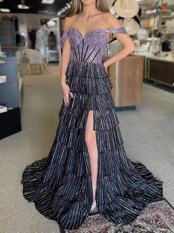 Verve | A Line V Neck Blue Satin Tiered Long Prom Dresses With Beads