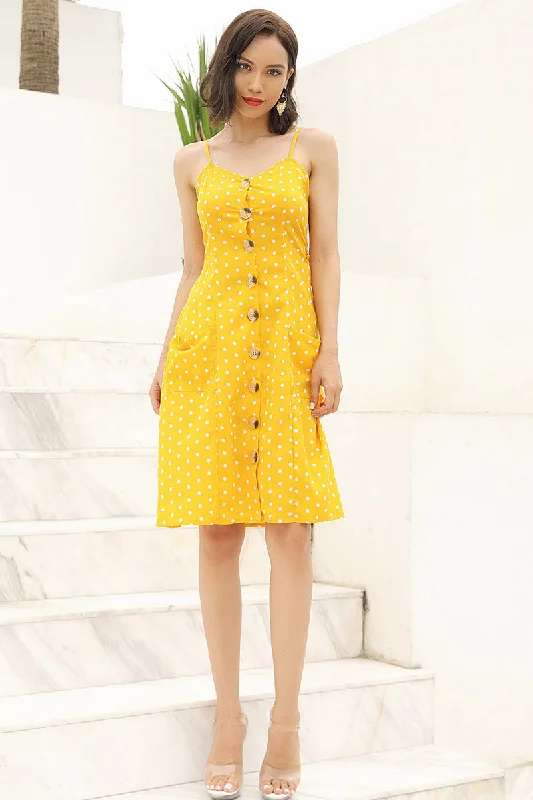 Yellow Polka Dot Single Breasted Lace-Up Pocketed Dress