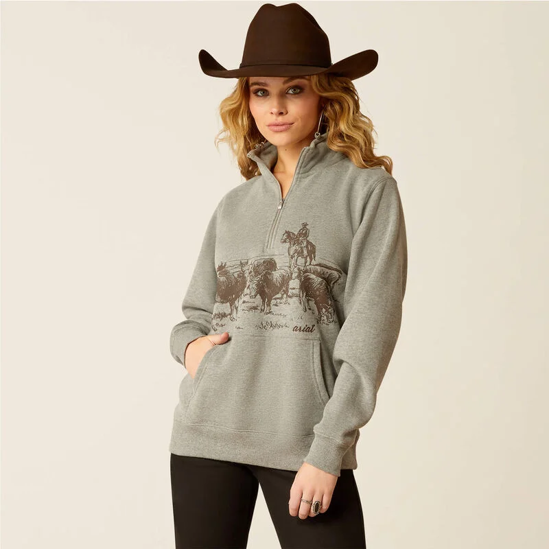 Ariat Women's 1/2 Zip Ranch Graphic Sweatshirt in Heather Grey (Plus Sizes Available) Cotton Hoodie Fleece Lining Warmth