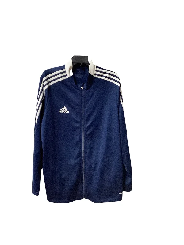Athletic Jacket By Adidas In Blue, Size: 3x Front Pockets Side Pockets Patch Pockets Athletic Jacket By Adidas In Blue, Size: 3x Front Pockets Side Pockets Patch Pockets
