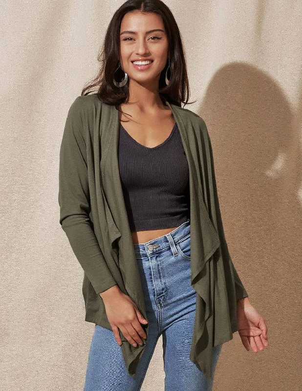 Bamboo / Organic Cotton Wrap Jacket - Dusty Olive Welt Pockets Slit Pockets Flap Pockets Bamboo / Organic Cotton Wrap Jacket - Dusty Olive Welt Pockets Slit Pockets Flap Pockets