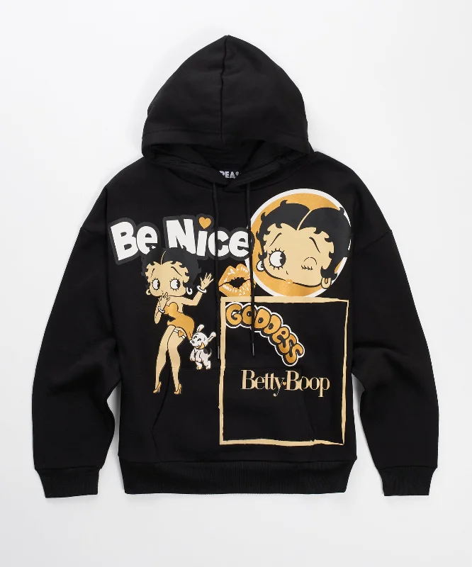 Women Betty Boop Golden Hoodie - Black Hoodie with Full-Zip Functional Layering