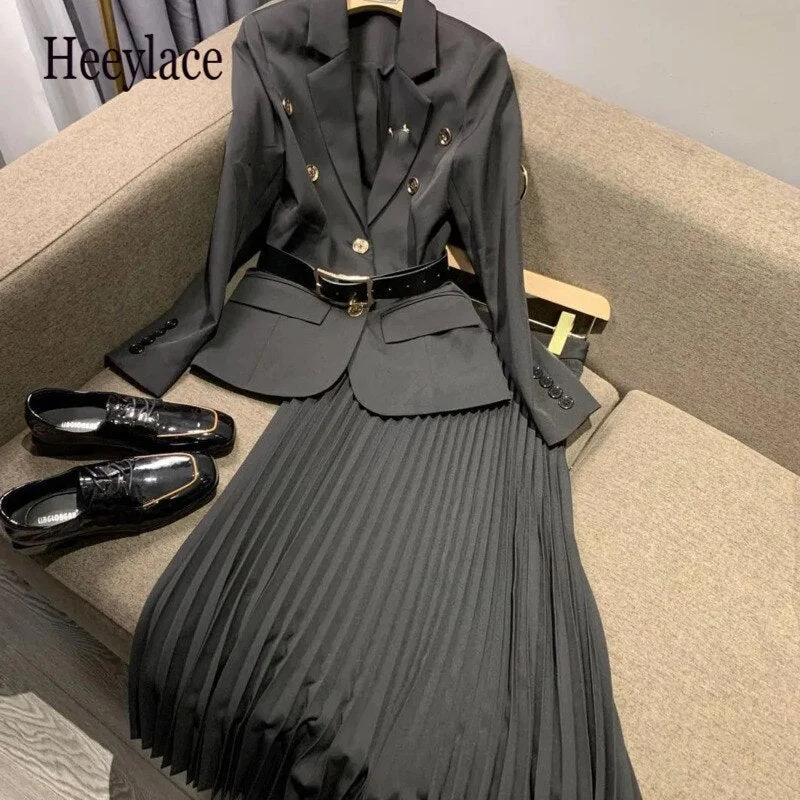 Black Blazer With Belt + Midi Pleated Skirt Women 2 Piece Set Autumn Office Vintage Lady Long Sleeve Suit Jacket Chic Skirt Suit One-Shoulder Jacket Off-the-Shoulder Jacket Asymmetrical Jacket Black Blazer With Belt + Midi Pleated Skirt Women 2 Piece Set Autumn Office Vintage Lady Long Sleeve Suit Jacket Chic Skirt Suit One-Shoulder Jacket Off-the-Shoulder Jacket Asymmetrical Jacket