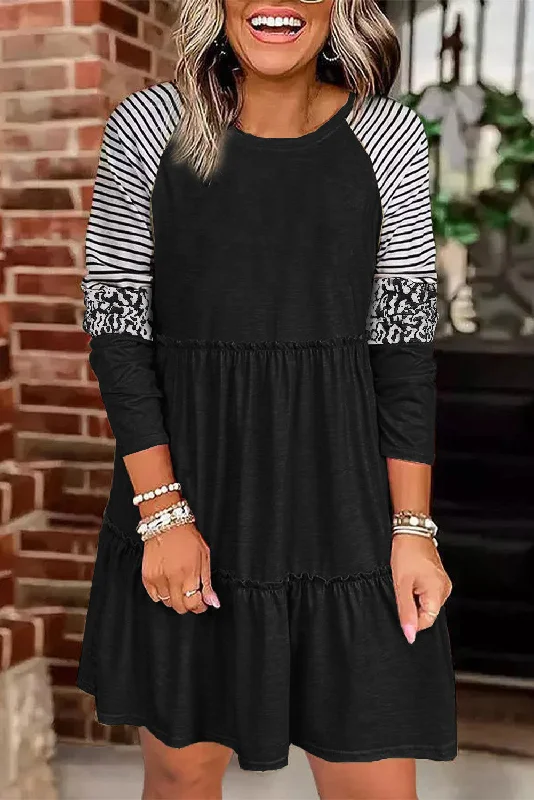 Blue Zone Planet | Black Striped Leopard Patchwork Long Sleeve Mini Dress Classic White Mini Dress Blue Zone Planet | Black Striped Leopard Patchwork Long Sleeve Mini Dress Classic White Mini Dress
