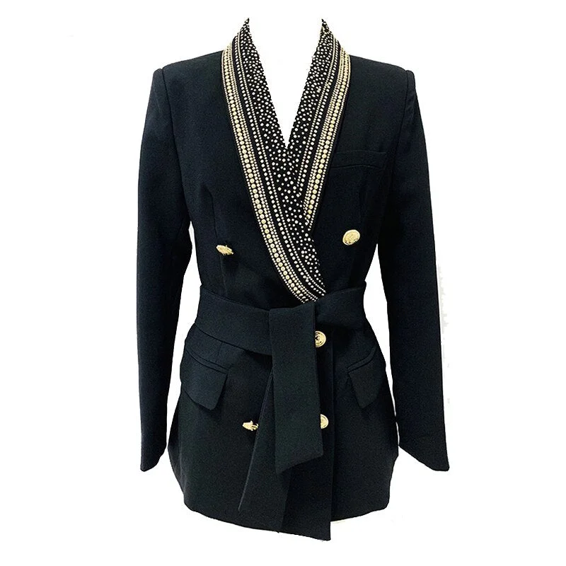Blazer Women Black Bead 2023 Designer Metal Decoration with Belt Shawl Collar Midi Jacket Suit Long Blazers Hoodie Zip-Up Jacket Button-Up Jacket Blazer Women Black Bead 2023 Designer Metal Decoration with Belt Shawl Collar Midi Jacket Suit Long Blazers Hoodie Zip-Up Jacket Button-Up Jacket