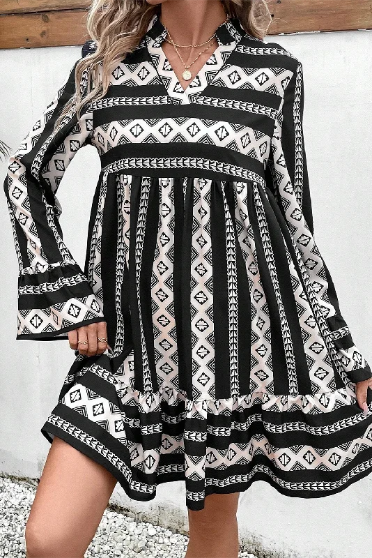 Blue Zone Planet | Black Boho Geometric Printed Flared Long Sleeve Mini Dress Stylish Spaghetti Strap Mini Dress Blue Zone Planet | Black Boho Geometric Printed Flared Long Sleeve Mini Dress Stylish Spaghetti Strap Mini Dress