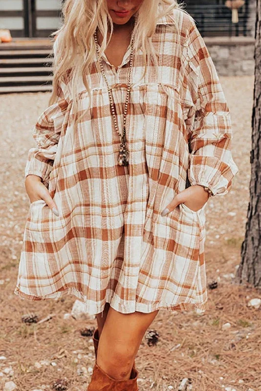 Blue Zone Planet | Brown Plaid Print Side Pockets Frilled Babydoll Mini Dress Elegant Mini Dress with Pleats Blue Zone Planet | Brown Plaid Print Side Pockets Frilled Babydoll Mini Dress Elegant Mini Dress with Pleats