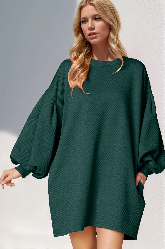 Blue Zone Planet | Double Take Drop Shoulder Lantern Sleeve Texture Mini Dress with Pockets Fashionable Mini Dress with Frills Blue Zone Planet | Double Take Drop Shoulder Lantern Sleeve Texture Mini Dress with Pockets Fashionable Mini Dress with Frills