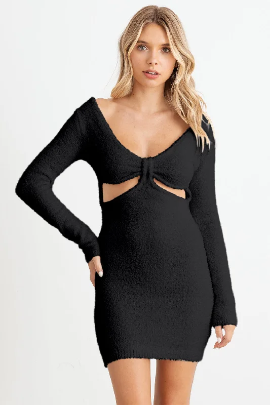 Blue Zone Planet | HERA COLLECTION Fluffy Bow Cut-Out Detail Long Sleeve Mini Dress Classic Shift Mini Dress Blue Zone Planet | HERA COLLECTION Fluffy Bow Cut-Out Detail Long Sleeve Mini Dress Classic Shift Mini Dress