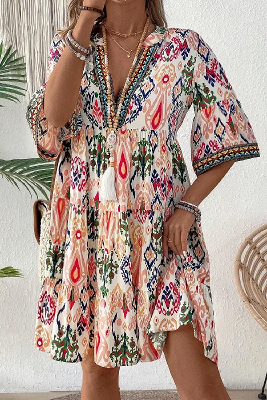 Blue Zone Planet | Multicolour Boho Print V Neck Bracelet Sleeve Mini Dress Chic Halter Mini Dress Blue Zone Planet | Multicolour Boho Print V Neck Bracelet Sleeve Mini Dress Chic Halter Mini Dress