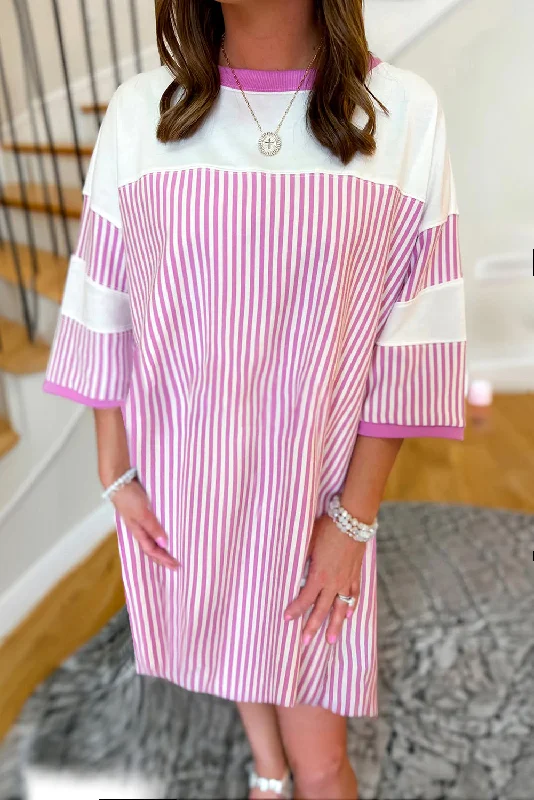 Blue Zone Planet | Phalaenopsis Striped Patchwork Three Quarters Sleeve Loose Mini Dress Stylish Sweetheart Neck Mini Dress Blue Zone Planet | Phalaenopsis Striped Patchwork Three Quarters Sleeve Loose Mini Dress Stylish Sweetheart Neck Mini Dress