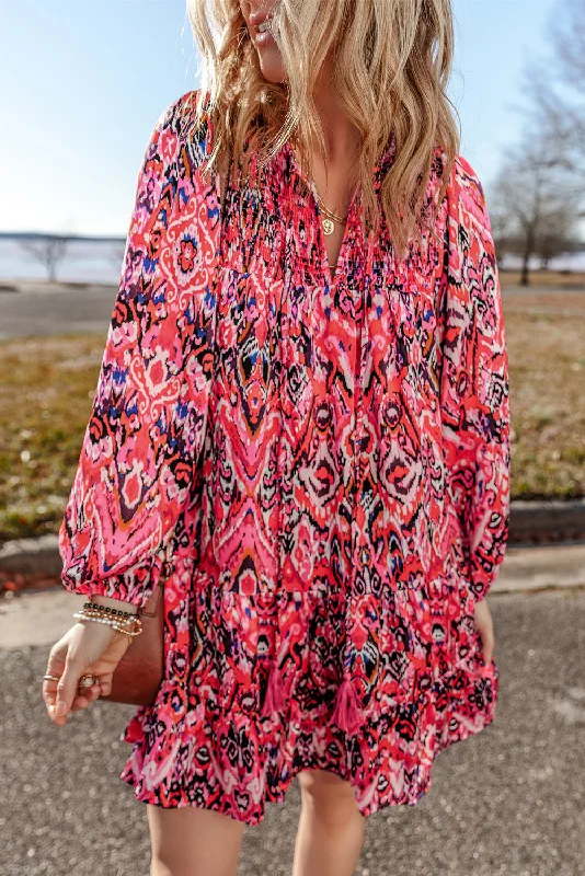 Blue Zone Planet | Rose Abstract Printed Tassel Tied Neck Long Sleeve Ruffled Mini Dress Cozy Knit Mini Dress Blue Zone Planet | Rose Abstract Printed Tassel Tied Neck Long Sleeve Ruffled Mini Dress Cozy Knit Mini Dress
