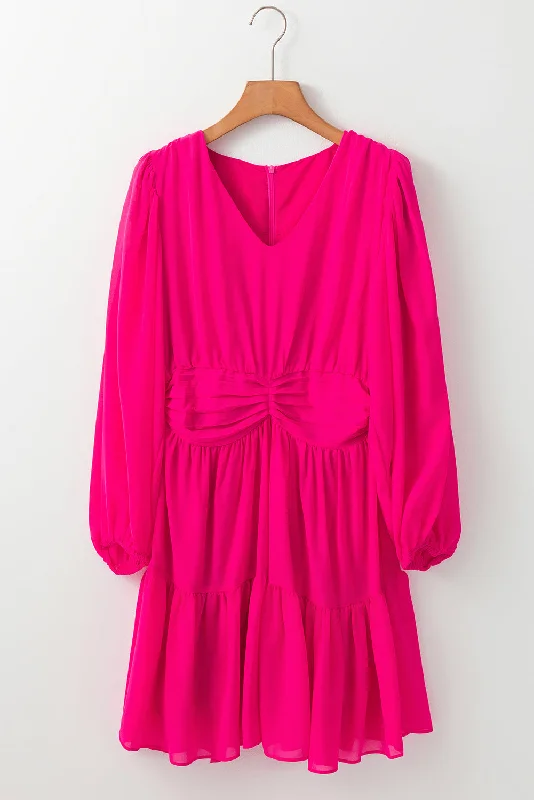 Blue Zone Planet | Rose Red Puff Long Sleeve V Neck Pleated Mini Dress Elegant Vintage Mini Dress Blue Zone Planet | Rose Red Puff Long Sleeve V Neck Pleated Mini Dress Elegant Vintage Mini Dress