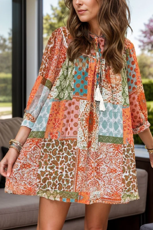 Blue Zone Planet | Tassel Printed Three-Quarter Sleeve Mini Dress Elegant Vintage Mini Dress Blue Zone Planet | Tassel Printed Three-Quarter Sleeve Mini Dress Elegant Vintage Mini Dress