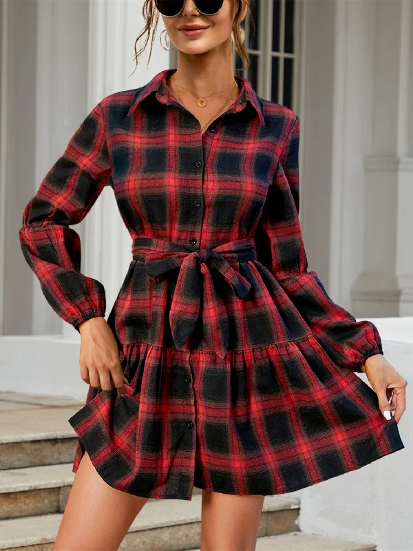 Blue Zone Planet | Tied Plaid Long Sleeve Mini Dress Fashionable Button-Front Mini Dress Blue Zone Planet | Tied Plaid Long Sleeve Mini Dress Fashionable Button-Front Mini Dress