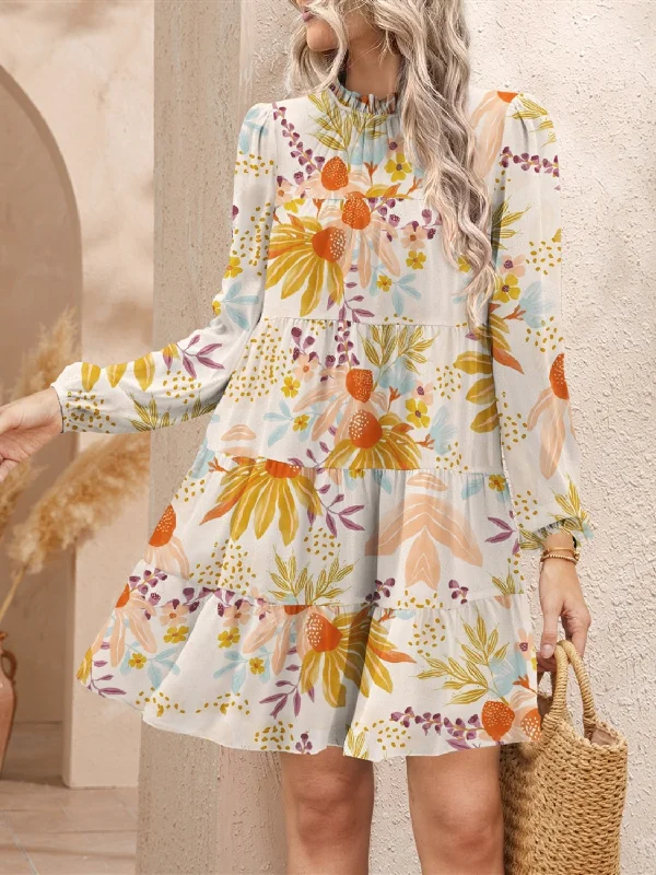 Blue Zone Planet | Tiered Printed Long Sleeve Mini Dress Elegant Floral-Print Mini Dress Blue Zone Planet | Tiered Printed Long Sleeve Mini Dress Elegant Floral-Print Mini Dress