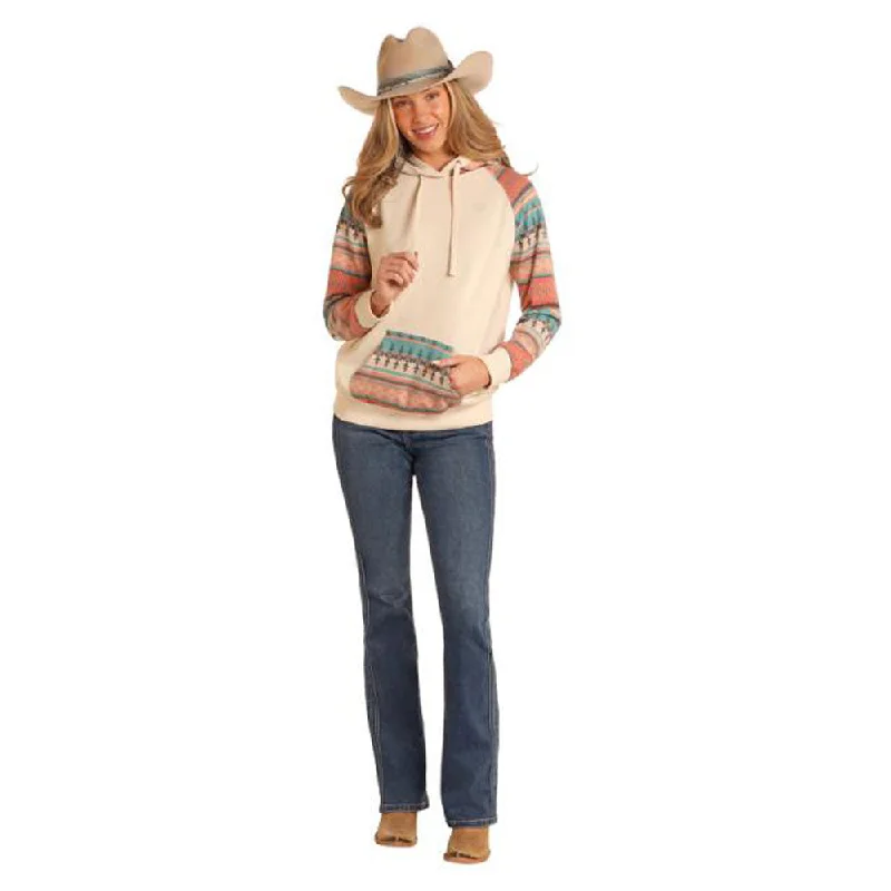 BW94T05213 Rock & Roll Women's Contrast Sleeves Hoodie - Natural & Turquoise Hoodie with Longline Fit Extended Stylish