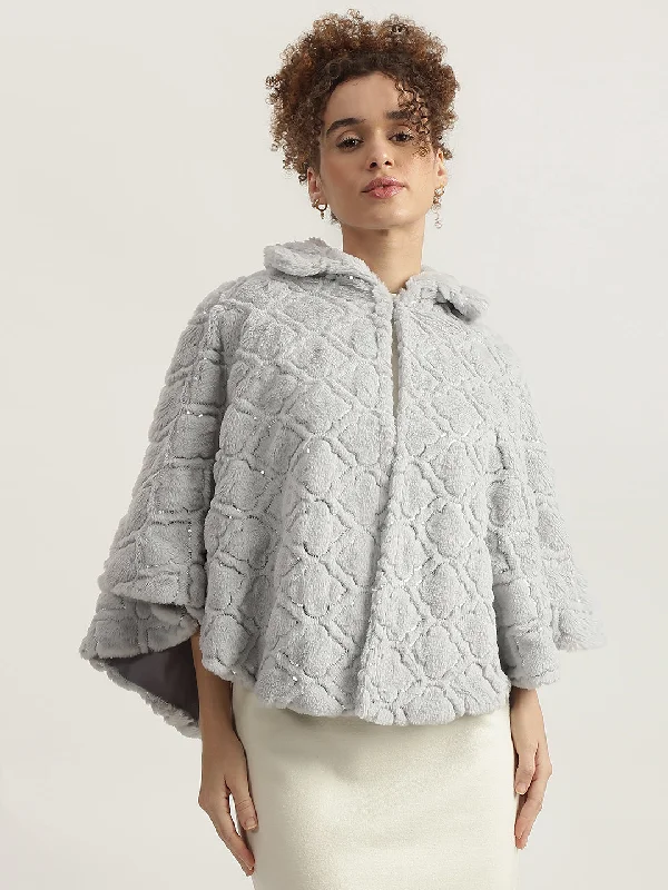 Centrestage Women Grey Self Design Spread Collar Full Sleeves Poncho Jacket Cotton Fabric Linen Fabric Terry Fabric Centrestage Women Grey Self Design Spread Collar Full Sleeves Poncho Jacket Cotton Fabric Linen Fabric Terry Fabric