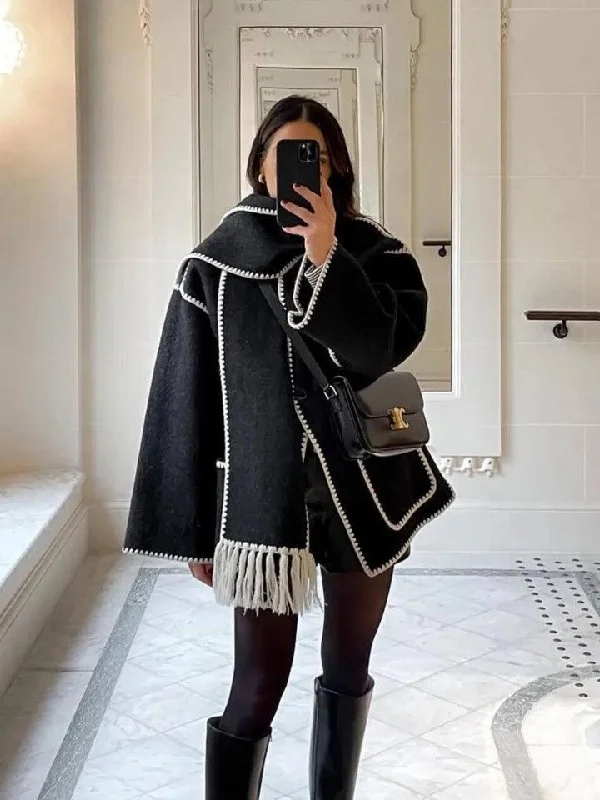 Cora Oversized Woolen Jacket with Scarf Herringbone Jacket Houndstooth Jacket Plaid Jacket Cora Oversized Woolen Jacket with Scarf Herringbone Jacket Houndstooth Jacket Plaid Jacket