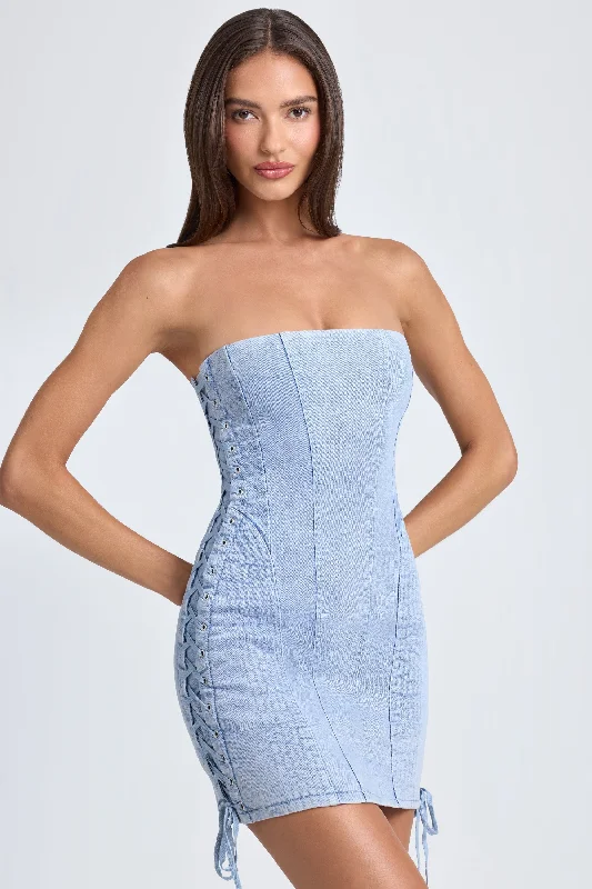 Bandeau Lace-Up Mini Dress in Light Blue Stonewash Comfortable Off-Shoulder Mini Dress Bandeau Lace-Up Mini Dress in Light Blue Stonewash Comfortable Off-Shoulder Mini Dress