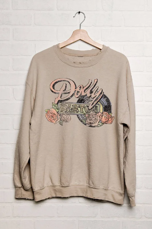 Livy Lu Dolly Parton Rose Record Thrifted Sweatshirt in Sand Hoodie with Side Slits Relaxed Casual