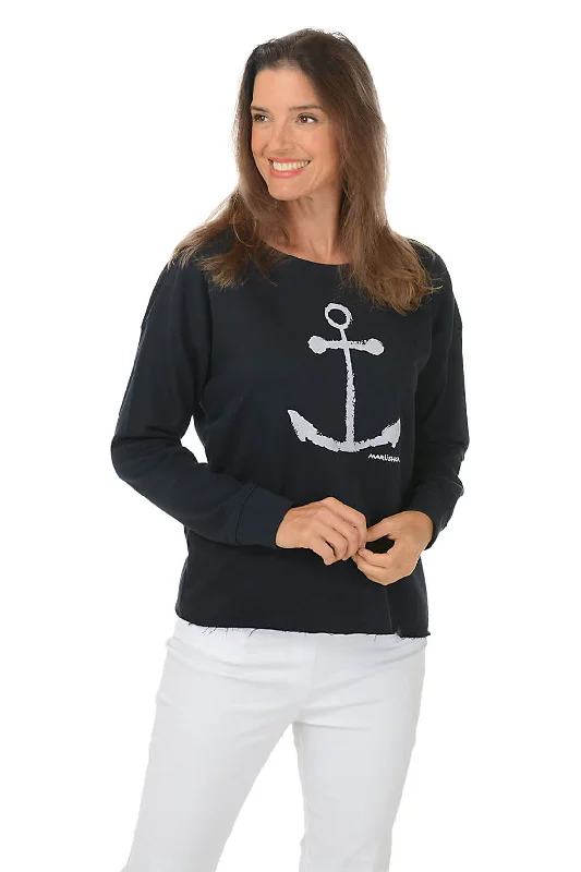 White Anchor Drop Shoulder Sweatshirt Hoodie with Toggle Buttons Decorative Unique