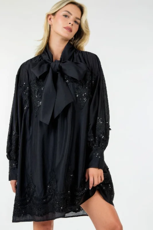 Blue Zone Planet | Elegant Black Bow-Tie Embroidered Tunic Mini Dress Comfortable Ruffle Mini Dress Blue Zone Planet | Elegant Black Bow-Tie Embroidered Tunic Mini Dress Comfortable Ruffle Mini Dress