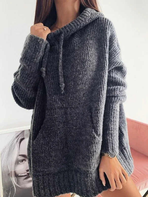 Gray Casual Knitted Hoodie Sweater Hoodie with Hem Patch Decorative Personalized