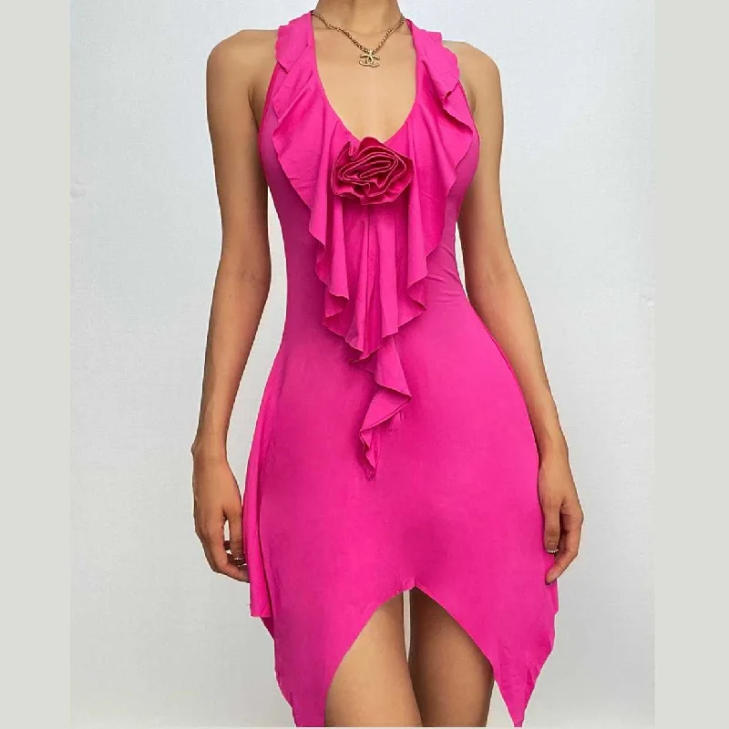 Halter flower applique backless ruffle u neck solid mini dress Cozy Sweater Mini Dress Halter flower applique backless ruffle u neck solid mini dress Cozy Sweater Mini Dress