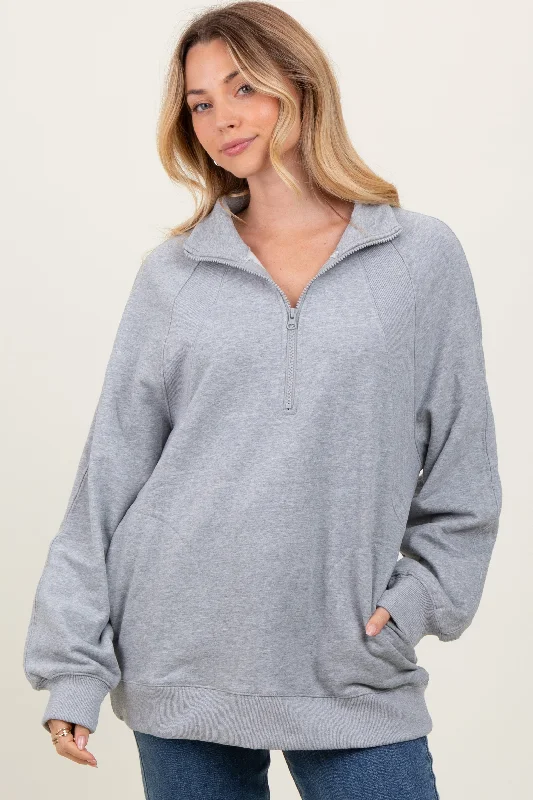 Heather Grey Half Zip Contrast Rib Sweatshirt Top Hoodie with Ribbed Cuffs Snug Fit Comfort