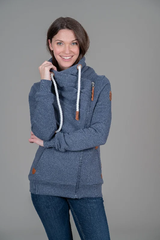 Hestia Navy Full-Zip Sweatshirt Hoodie with Hem Applique Textured Unique