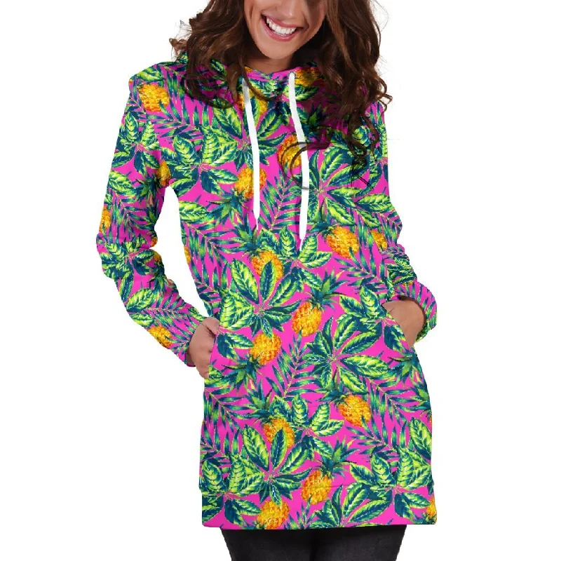 Hot Purple Pineapple Pattern Print Pullover Hoodie Dress Hoodie with Hem Patch Decorative Personalized