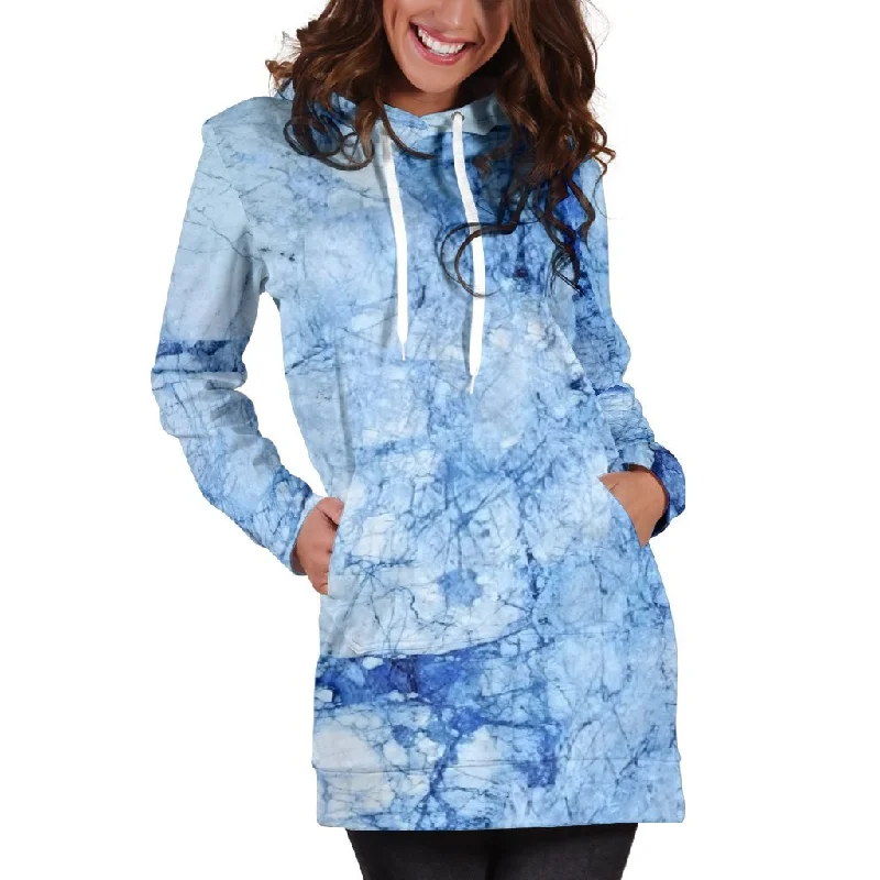 Ice Blue Marble Print Pullover Hoodie Dress Hoodie with Half-Zip Sporty Casual