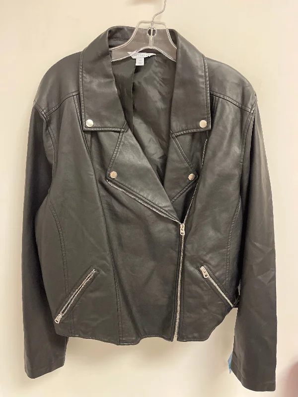 Jacket Moto By Boutique + In Black, Size: 2x Denim Fabric Leather Fabric Suede Fabric Jacket Moto By Boutique + In Black, Size: 2x Denim Fabric Leather Fabric Suede Fabric