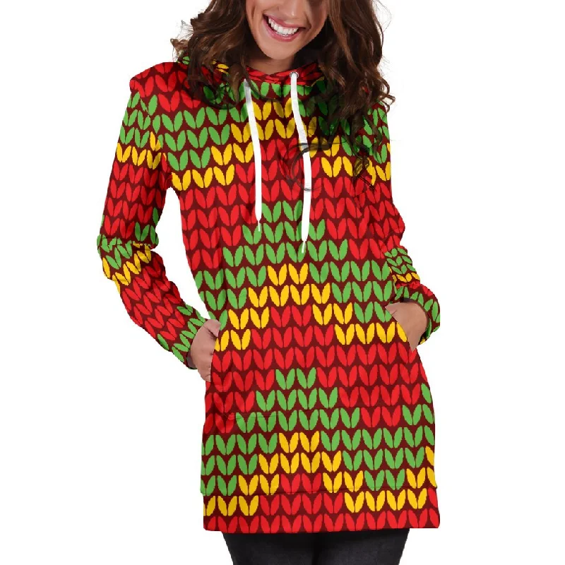 Knitted Reggae Pattern Print Pullover Hoodie Dress Hoodie with Hem Drawcord Adjustable Customizable