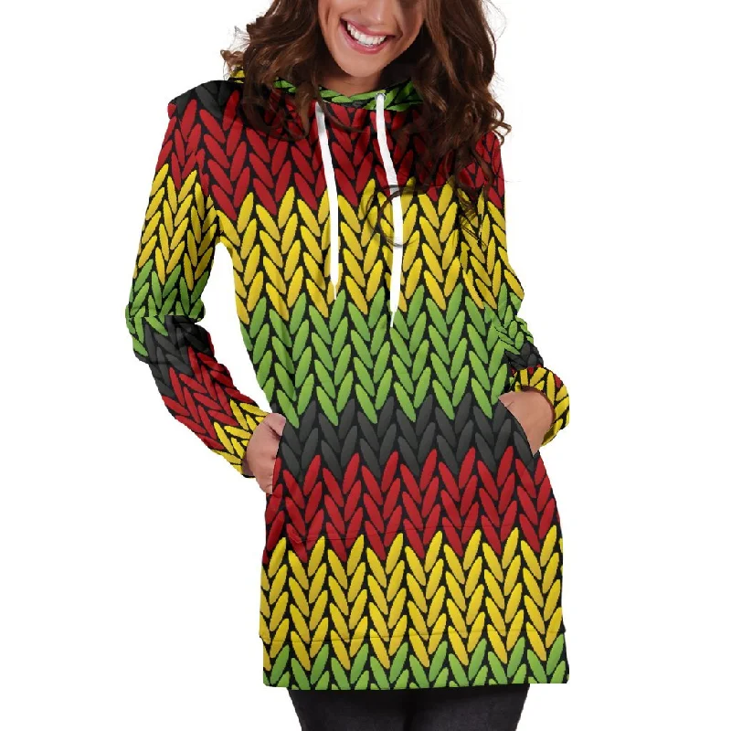 Knitted Style Reggae Pattern Print Pullover Hoodie Dress Hoodie with Thumb Holes Functional Cozy