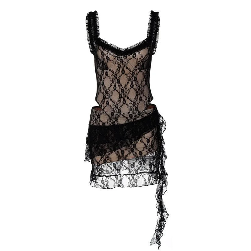 Lace ruffle ruched hollow out cami cut out mini dress Fashionable Lace-Trim Mini Dress Lace ruffle ruched hollow out cami cut out mini dress Fashionable Lace-Trim Mini Dress