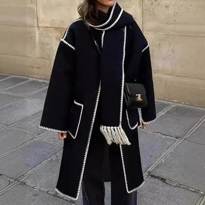 Laura Long Oversized Woolen Jacket with Scarf Appliqued Jacket Beaded Jacket Sequined Jacket Laura Long Oversized Woolen Jacket with Scarf Appliqued Jacket Beaded Jacket Sequined Jacket